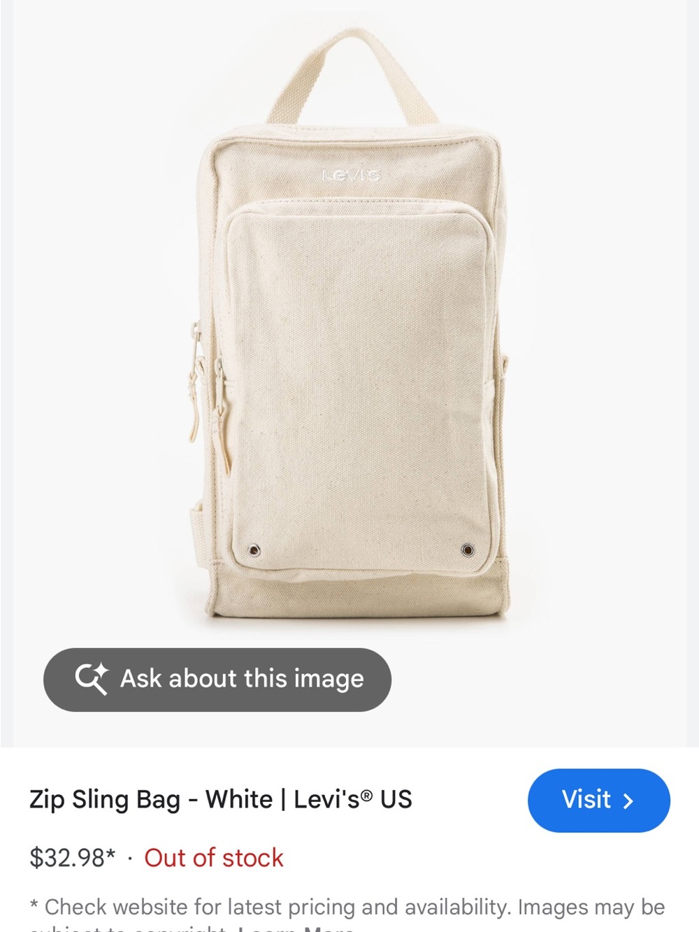 Levi's Cream Canvas Zip Sling Bag